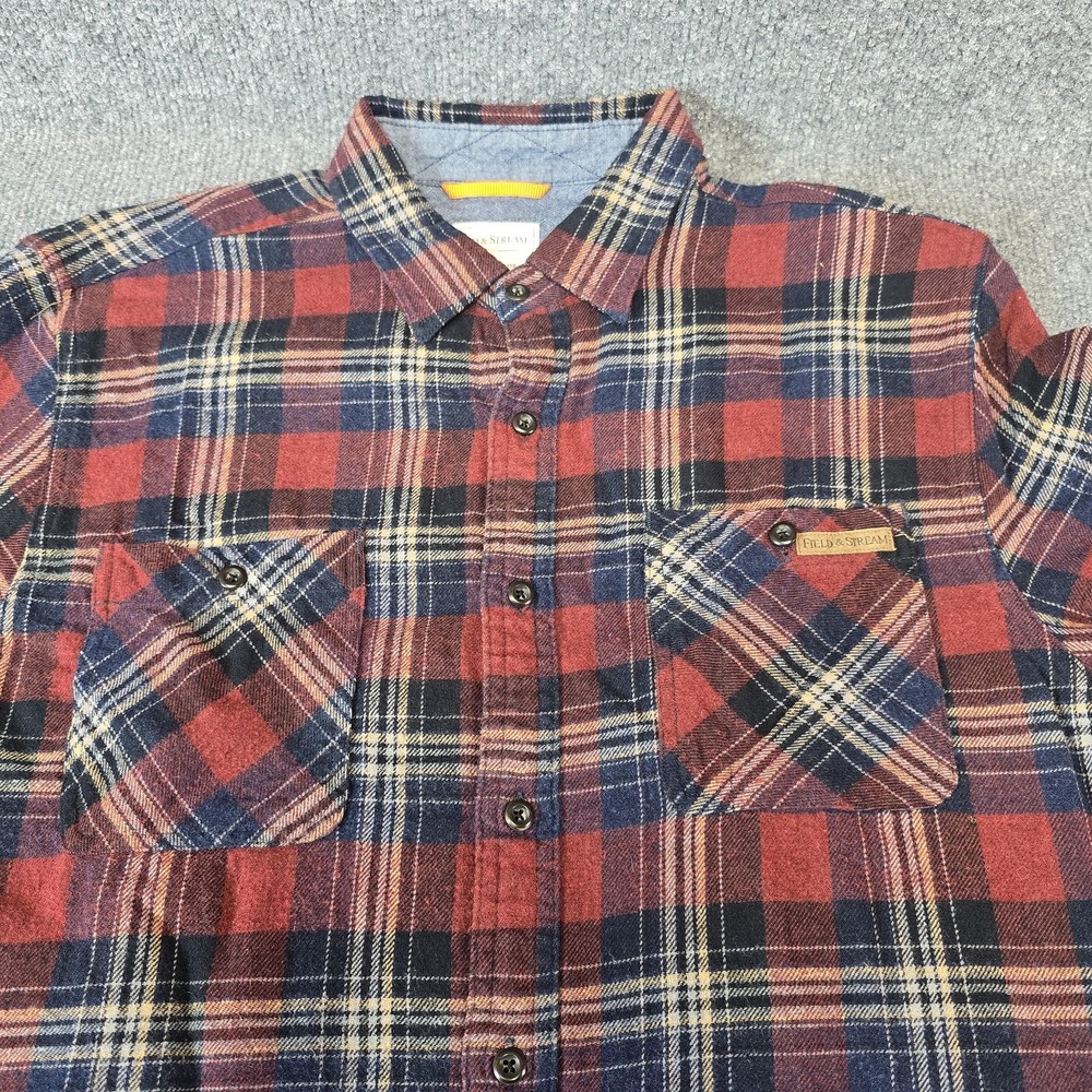 Field & Stream Shirt Mens Large Red Navy Plaid Flannel Button Up Casual Outdoor